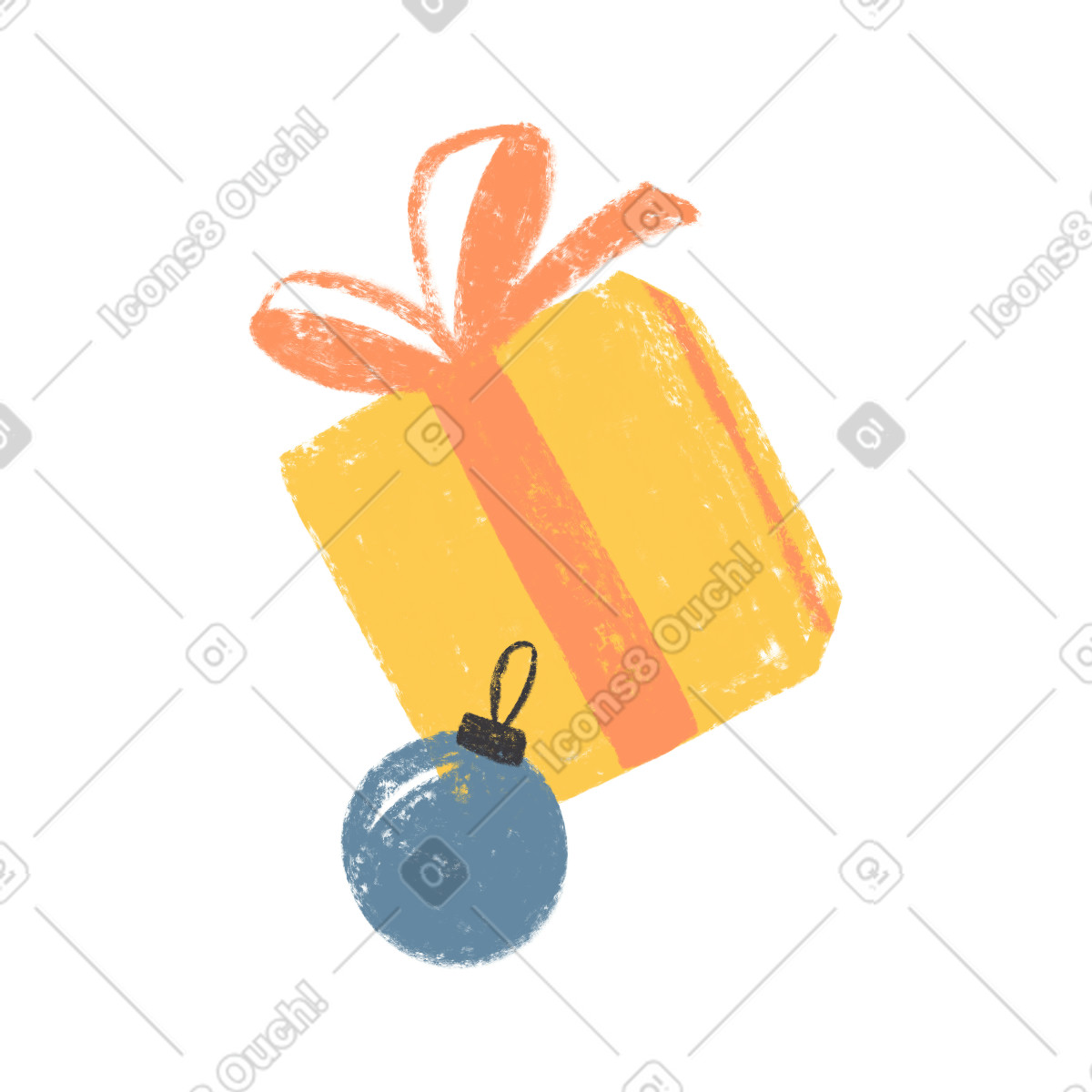 Ilustración Caja de regalo amarilla con un adorno navideño en estilo Chalky a descargar en PNG y SVG