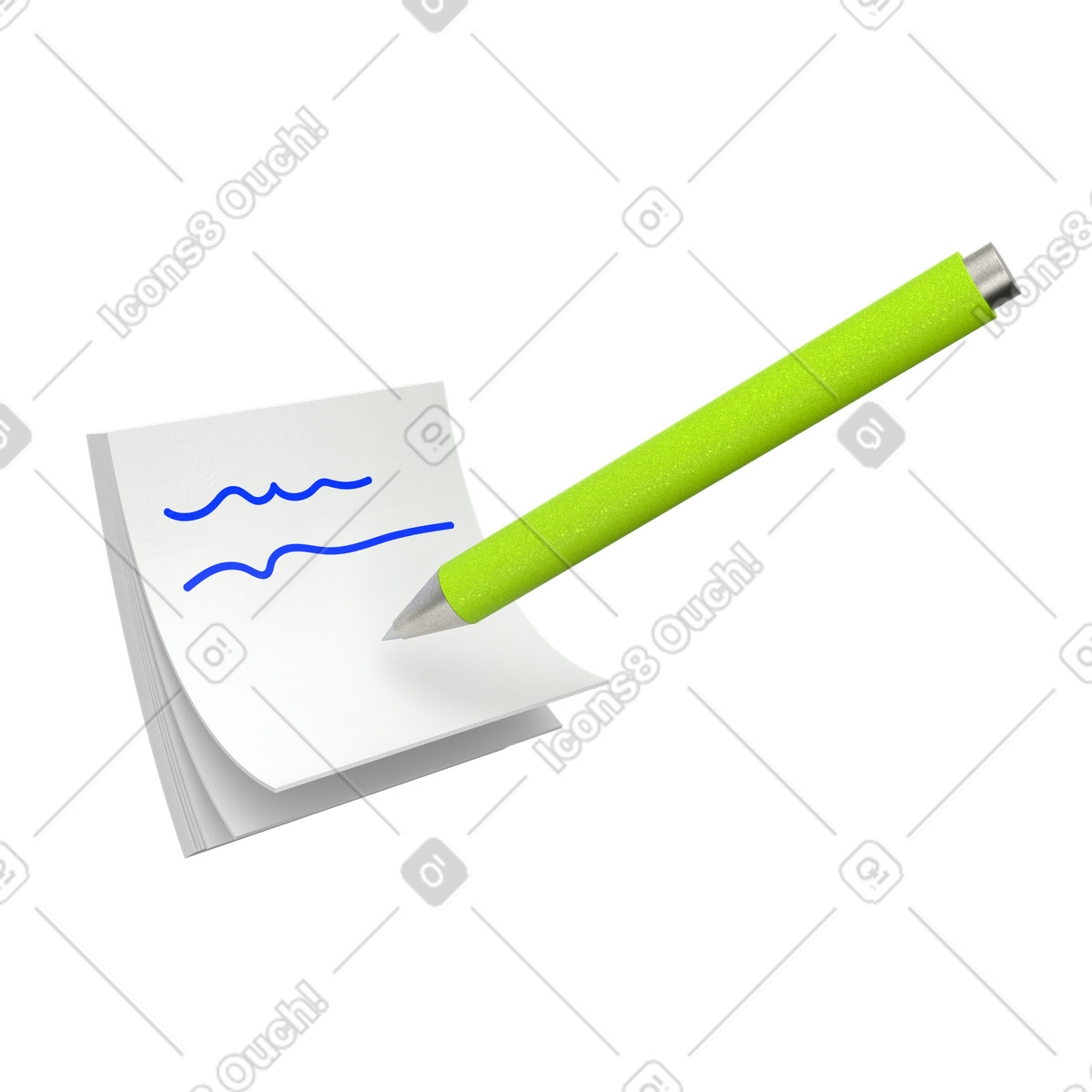 Illustration Stylo vert avec notes autocollantes dans le style 3D Enterprise à télécharger aux formats PNG, SVG