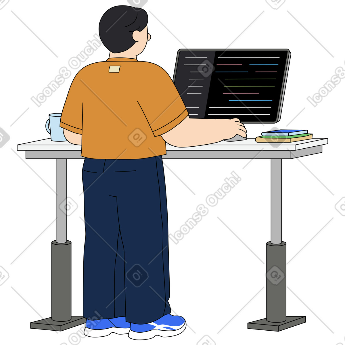 Focused coding session at a standing workstation illustration in PNG, SVG