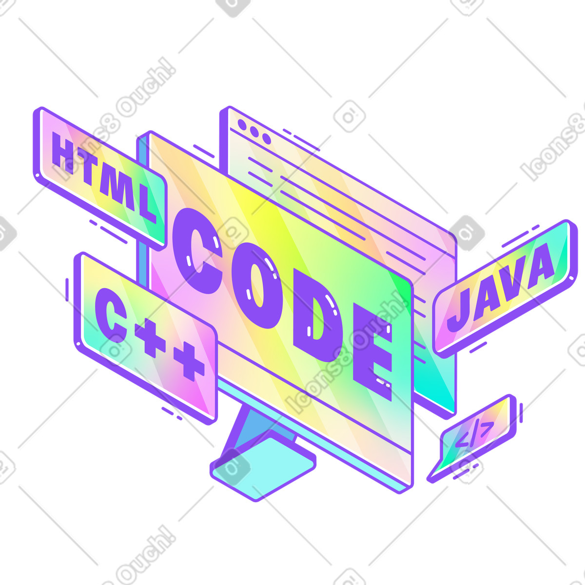 Colorful computer monitor with programming languages, coding education and software engineering illustration in PNG, SVG