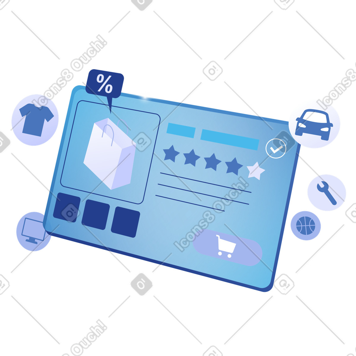 Quantum 스타일의 Ecommerce product page with shopping bag discount and customer rating stars 일러스트레이션 PNG, SVG 다운로드