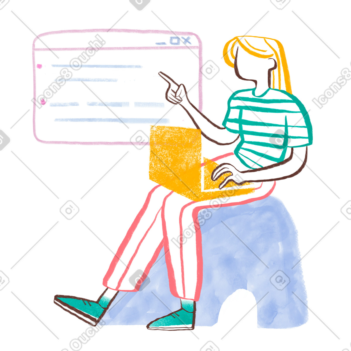 Woman with long hair programming on a laptop illustrazione in stile Company scarica in PNG, SVG
