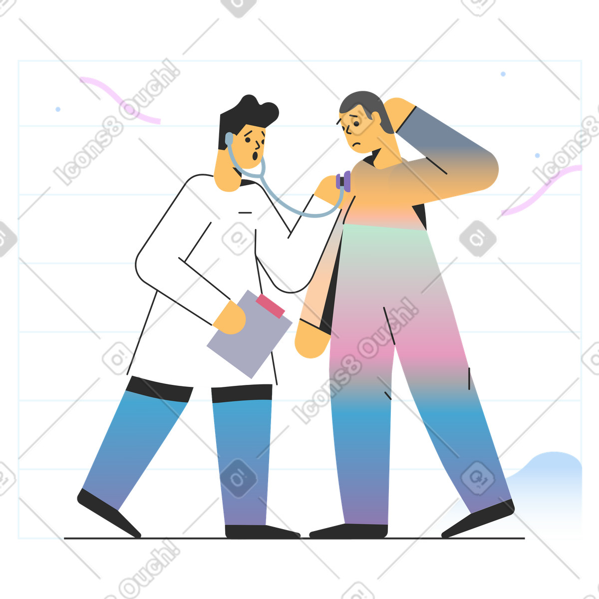 Uomo con malattia polmonare all'appuntamento dal medico illustrazione in stile Marginalia scarica in PNG, SVG