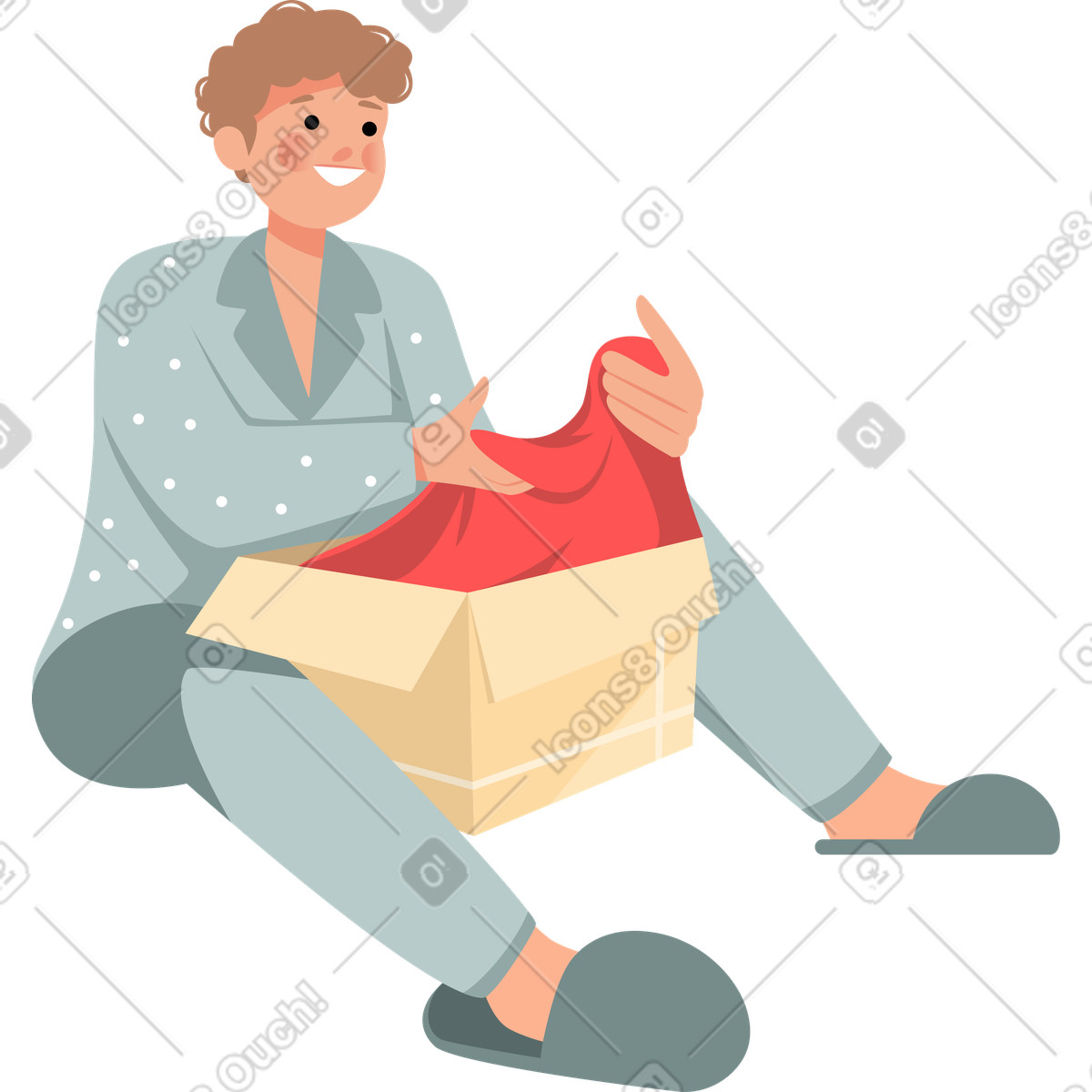 Guy in pajamas with a gift box illustration Lagom style download PNG, SVG