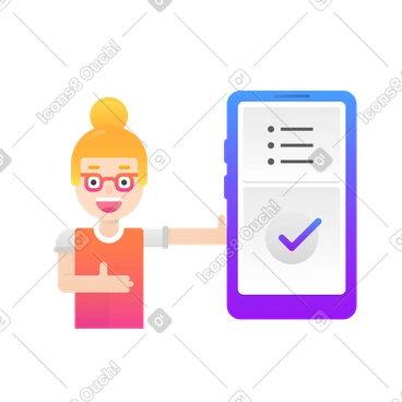 Woman showing a checkmark on phone screen PNG, SVG