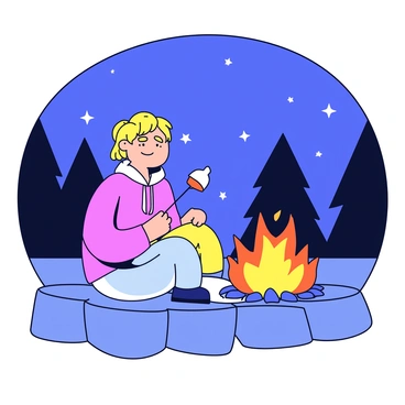 A person sitting by a campfire at night, roasting marshmallows and enjoying the warmth.