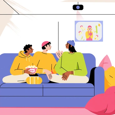 Three friends are curled up on a large, cozy couch, sharing a bowl of popcorn. One friend has curly hair and is wearing a bright yellow hoodie, another has straight hair and is in a green sweater, while the third has a beanie and is dressed in a blue t-shirt. The couch is surrounded by soft, colorful cushions. In the background, a white wall displays a vibrant movie being projected from a ceiling-mounted projector. The room is dimly lit, with a warm, inviting atmosphere, creating a perfect movie-watching environment.