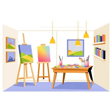 A flat design of an artist's studio featuring a spacious, well-lit room. The walls are adorned with various colorful paintings in different frames, showcasing abstract and landscape art. In one corner, there is a wooden easel holding a canvas that is partially painted with vibrant colors. A sturdy worktable is cluttered with an array of art supplies, including tubes of paint in a rainbow of colors, brushes of various sizes, and a palette with a dab of mixed paint. Overhead, bright pendant lights cast a warm glow over the scene, enhancing the cheerful atmosphere of creativity. A shelf filled with sketchbooks and art books lines the wall, completing the lively environment of the studio.