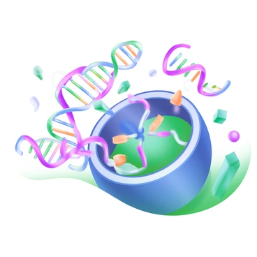 A detailed illustration of a cell in the process of division. The cell is depicted with a visible membrane, showcasing the interior structure. "DNA strands" are shown splitting and replicating in a neat manner, with clear visual representation of the double helix unwinding. The strands are colored in vibrant shades to emphasize the replication process. Surrounding the cell, various cellular components like ribosomes and mitochondria can be faintly seen, providing context to the cellular environment. The overall image highlights the intricate details of cellular division.