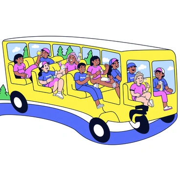A bright yellow bus is traveling along a winding road. Inside the bus, several young athletes from a softball team are seated in rows, wearing matching uniforms in vibrant colors. Some team members are sharing bags of chips, while others are passing around fruit snacks and drinks. A few players are animatedly telling stories, with smiles and laughter filling the air. There are soft plush pillows on the seats, and some players have their gloves resting on their laps. The bus windows show a glimpse of green trees and a blue sky outside.
