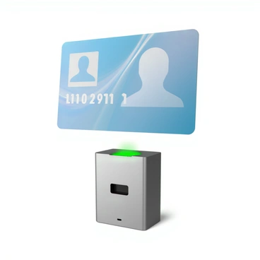 A digital identity card featuring a sleek design with a transparent section displaying a high-resolution photo and personal information. The card has a bright blue and silver color scheme with embedded holographic elements. A biometric reader, resembling a small metallic device with a rectangular shape, is positioned below the card and has a glowing green light indicating it is active. The scanning process shows the card partially hovering above the reader, capturing the moment of interaction.