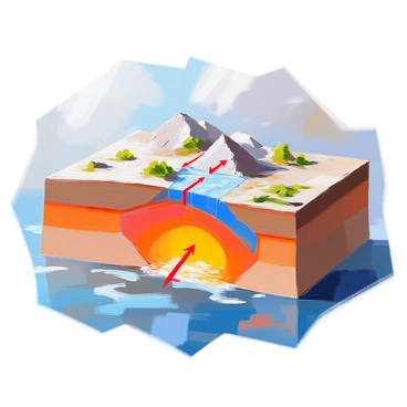 A detailed illustration depicting the process of "continental drift" and "subduction." There are two tectonic plates moving towards each other, with one being forced beneath the other, demonstrating the subduction process. The plate on top is shown as a landmass, while the lower plate appears to descend into the mantle. Surrounding the plates, various geological features such as mountains and oceanic trenches are visible, representing the effects of subduction. Additionally, arrows are placed in the image to indicate the direction of plate movement. The background features a gradient that transitions from ocean to land, enhancing the geological context.