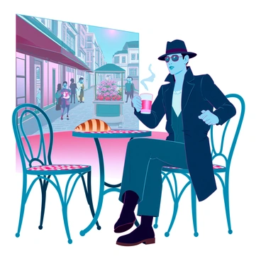 A spy in disguise sits at a small, round table outside a quaint French café. He is wearing a dark trench coat and a stylish fedora, partially obscuring his facial features. His eyes, sharp and observant, scan the street while he holds a steaming cup of coffee in one hand. The café's classic wrought iron furniture is adorned with a checkered tablecloth, and a small plate with a croissant rests on the table. Behind him, a cobblestone street is lined with vintage buildings and a flower stand, adding to the charm of the scene. The atmosphere is lively, with patrons chatting and enjoying their meals.