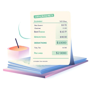 A stack of pay stubs is arranged neatly on a wooden table, with one pay stub prominently displayed on top. The highlighted pay stub shows clear columns for "Earnings" and "Deductions." The "Earnings" section lists various categories such as "Base Salary" and "Overtime," while the "Deductions" section includes items like "Tax" and "Health Insurance." The total net pay is clearly indicated at the bottom of the pay stub, and the stack is held slightly apart, allowing for a clear view of the details on the top pay stub. The background is softly blurred to focus on the pay stubs.
