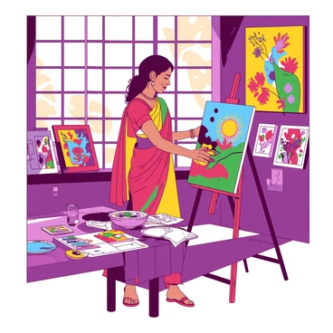 An Indian lady wearing a colorful traditional dress is standing in her art studio. She is focused on painting a vibrant canvas that is filled with lively colors. The studio is illuminated with warm sunlight streaming through large windows, casting soft shadows. There are various art supplies, such as brushes and paint tubes, scattered on a table nearby. On the walls, several of her completed artworks are displayed, showcasing a range of colorful patterns and designs.