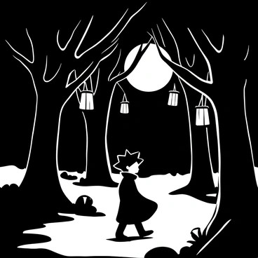 An anime character with spiky hair wearing a long cloak walking along a winding forest path. Tall trees with intricate branches surround the path, their silhouettes contrasting against the soft glow of multiple lanterns, illuminating the scene. The lanterns, hanging from branches and placed along the ground, emit a warm light that enhances the shadows cast by the trees. The atmosphere is tranquil, with leaves lightly rustling in the night breeze. The moon, partially hidden by the tree canopy, casts beams of light that filter through, creating a serene interplay of light and shadow on the ground.