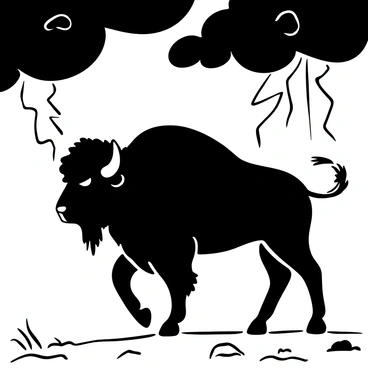 A bison standing strong with its head held high, showcasing its powerful physique. The bison's fur appears tousled by the strong winds. In the background, dark storm clouds gather, swirling ominously, suggesting an impending thunderstorm. Jagged lightning bolts can be seen striking in the distance, illuminating the dramatic scene. The ground is rugged and uneven, with patches of grass and scattered rocks. The atmosphere is charged, emphasizing the bison's resilience against the elements.