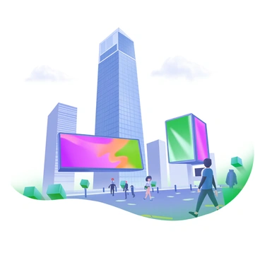 A modern pastel illustration depicting a tall skyscraper with a sleek, glass facade. The facade serves as a giant digital screen, showcasing vibrant, dynamic images that change frequently. Surrounding the skyscraper are smaller buildings, and the sky above is clear with a few soft clouds. The scene captures the urban environment with people walking on the street below, some looking up at the skyscraper in awe.