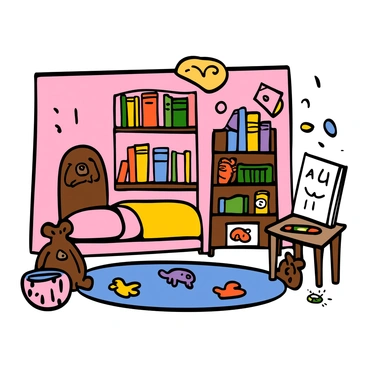 Close-up view of a cozy room filled with colorful toys and storybooks. The walls are painted in soft pastel colors, and there is a small bed with a fluffy blanket at the center. A wooden bookshelf is filled with storybooks of various sizes, featuring bright covers. On the floor, there are plush stuffed animals, including a teddy bear, and a play mat with cartoon animal patterns. A small table with crayons and drawing paper is in one corner, adding to the playful atmosphere of Baby Bear's room.