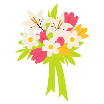 A bouquet featuring white and pink lilies, vibrant red and yellow tulips, and cheerful white daisies. The flowers are arranged in a circular composition, showcasing their varying heights and colors. The bouquet is tied together with a large, bright green ribbon, elegantly draping down. The green leaves add texture and complement the colorful blooms, creating a visually appealing display.