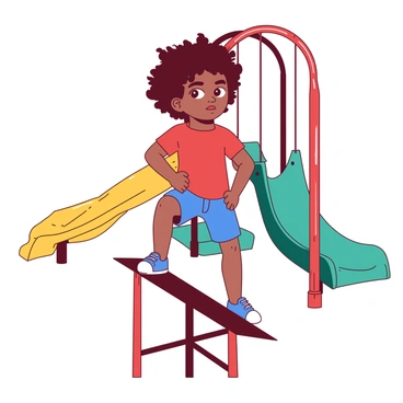 A young child with curly hair is standing confidently on a playground structure. The child is wearing a bright red t-shirt and blue shorts. The playground features a yellow slide and teal swings in the background. The child gazes ahead with determination, hands resting on hips, embodying a sense of bravery. Sunlight illuminates the scene, casting soft shadows across the colorful playground equipment.