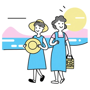 Two elderly women are walking along a beach, their silhouettes framed by a vibrant sunset. The golden light of the setting sun reflects on the gently lapping water, creating a warm, shimmering effect. One woman, wearing a light blue dress, is holding a wide-brimmed straw hat, while the other, in a floral blouse, carries a woven basket. They walk side by side, enjoying the view, with the soft sand beneath their feet and the horizon glowing in shades of orange and pink.