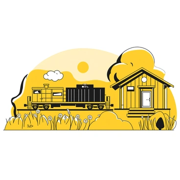 A cargo train stopping at a small, quaint rural train station surrounded by fields