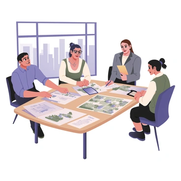 A table in a modern conference room, covered with various maps and 3D models of urban settings. There are detailed plans showing roads, buildings, and green spaces spread across the table. A group of four engineers is gathered around the table, deep in discussion. Two engineers, one with short black hair and glasses wearing a blue shirt, and another with medium-length brown hair wearing a gray blazer, point at specific areas on the maps. The third engineer, a woman with long black hair in a ponytail wearing a white blouse, is taking notes on a digital tablet. The fourth engineer, with curly hair and a green shirt, is looking at a model of a new building design. The background features a large window overlooking a city skyline.