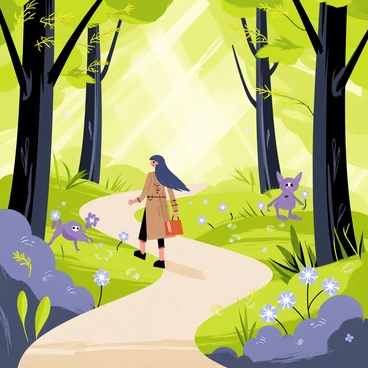 A traveler with long flowing hair is walking along a winding path through a mystical forest. The forest is filled with tall, lush trees with vibrant green leaves and ethereal glowing flowers scattered along the path. Rays of soft light filter through the canopy, creating a magical atmosphere. The traveler is dressed in a long cloak with intricate patterns, and they carry a small satchel. Ethereal creatures peek from behind the trees, adding to the enchanting ambiance of the scene. The path twists gently ahead, leading deeper into the heart of the forest.