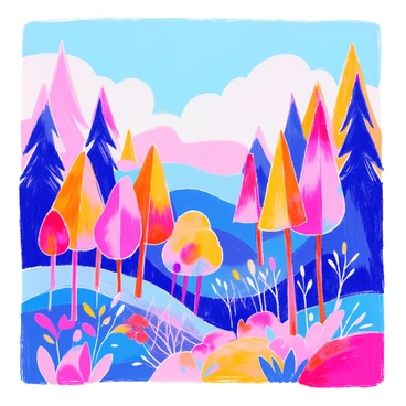 A minimalist poster of a serene forest with geometric trees and a clear sky