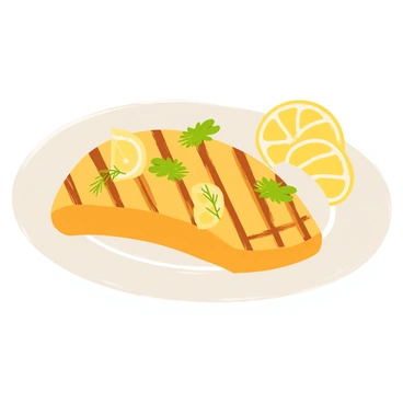 A beautifully plated dish featuring a piece of grilled pike, golden-brown with char marks. The fish is drizzled with a light lemon sauce that glistens under the light. Fresh green herbs, such as parsley and dill, are sprinkled artistically around the fish. There are thin lemon slices arranged elegantly on the side of the plate. The dish is presented on a white plate, creating a striking contrast with the vibrant colors of the garnish and the fish.