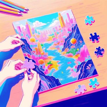 A jigsaw puzzle is displayed on a wooden table. Each piece of the puzzle represents a distinct segment of a digital environment, featuring vibrant colors and intricate designs. Some pieces show futuristic cityscapes with tall skyscrapers and neon lights, while others depict serene landscapes with lush greenery and calm rivers. There are pieces that illustrate technology elements, such as circuit patterns and digital interfaces. The pieces are scattered around the table, with a few already connected to form a cohesive image. A pair of hands can be seen carefully fitting a piece into place.