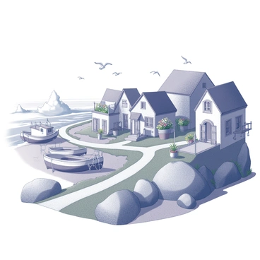 A quaint fisherman's village is situated along a rugged, rocky coastline. The village features several small wooden fishing boats anchored in the water, with nets draped over the sides. Various weathered cottages with sloping roofs line the shore, each adorned with fishing gear and vibrant flower pots. A narrow, winding path leads through the village, flanked by boulders and patches of grass. In the distance, crashing waves can be seen against the rocks, creating a dynamic interaction between land and sea. Seagulls can be spotted flying overhead, adding life to the coastal scene.