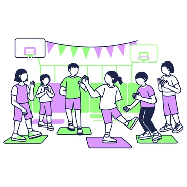A group of children is engaged in a physical activity within a school gymnasium. They are performing heel taps, with some children standing on one foot while tapping the opposite heel. The gymnasium is filled with various colorful mats placed on the floor. Above them, colorful banners hang from the ceiling, adding to the vibrant atmosphere. In the background, there are basketball hoops and a set of bleachers. Several children are clapping and cheering for their friends, creating a lively and encouraging environment.