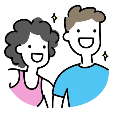 A close-up view of two happy faces, both glistening with sweat from an intense aerobics class. The first person, a woman with curly black hair, is smiling widely, showcasing bright teeth and expressive eyes. The second person, a man with short brown hair, has a broad grin, his cheeks flushed with effort. Both are wearing colorful workout gear; the woman is dressed in a pink tank top, while the man sports a blue t-shirt. The background hints at a gymnasium with simple lines and shapes, accentuating their joyful expressions after the workout.
