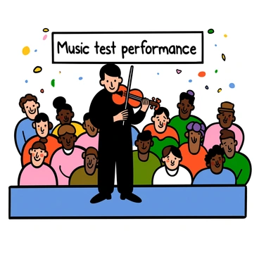 A musician with light skin and short black hair is standing on stage, playing a violin. The musician is dressed in a black shirt and dark jeans, focused on the performance. In the background, an audience of diverse individuals, some with light skin and some with darker skin, is seated and watching attentively. The crowd includes people of various ages, with expressions of concentration and interest. The stage is illuminated by bright lights, highlighting the musician and casting soft shadows on the floor. "Music test performance" is written in small letters on a banner above the stage.