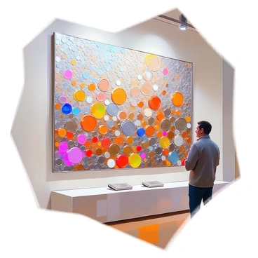 A large mosaic artwork displayed on a gallery wall, composed entirely of colorful coins arranged in intricate patterns. The coins feature a variety of colors including gold, silver, copper, and vibrant hues, creating a stunning visual contrast. The mosaic forms a detailed image that draws the eye, with the coins meticulously placed to highlight different shapes and textures. The surrounding wall is a neutral tone, allowing the vibrant colors of the coins to stand out prominently. The overall composition is an eye-catching blend of art and craftsmanship.