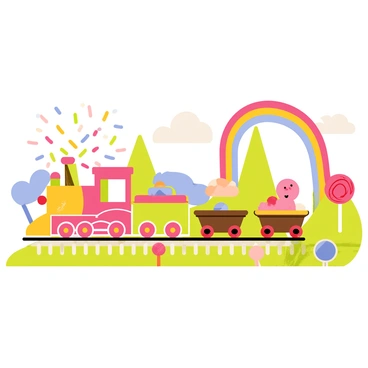 A magical train made of colorful candy, with a vibrant gummy bear engine and carriages made of chocolate and licorice. The train travels along a winding track through a whimsical landscape filled with cotton candy trees and giant lollipops. The sky above is bright and sunny, with fluffy marshmallow clouds floating by. In the distance, a rainbow arches over the scene, adding to the enchanting atmosphere. Sprinkles rain down like confetti around the train, enhancing the magical feel of the adventure.