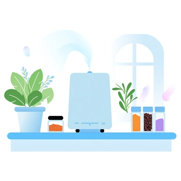 An air purifier is placed prominently on a bright kitchen countertop. The countertop is adorned with various herbs in pots, including basil, cilantro, and rosemary, each with vibrant green leaves. Various colorful spice jars are arranged nearby, showcasing a range of spices such as paprika, turmeric, and black pepper. Sunlight streams through a window, illuminating the scene and creating a warm atmosphere. The overall setting conveys a sense of freshness and cleanliness.