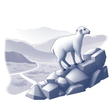 A lamb is climbing a rocky mountain. The lamb has fluffy white wool and is navigating over rough, jagged rocks. In the background, a vast valley stretches out, showcasing an expansive landscape with hills and peaks. The valley is dotted with patches of vegetation and a winding path that disappears into the distance. The sky above is clear, emphasizing the height of the mountain and the openness of the surroundings. The scene captures the struggle of the lamb against the rugged terrain while highlighting the beauty of nature.