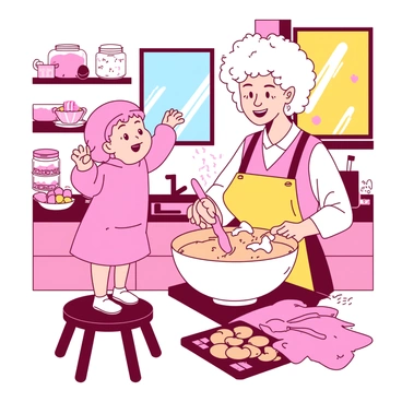 A pink young child is standing on a wooden stool, enthusiastically mixing cookie dough in a large white bowl. Next to the child, there is a cartoon-style grandma with fluffy white hair, wearing a yellow apron, smiling as she sprinkles flour over the counter. The cozy kitchen is decorated with various treats, including colorful jars of candies on the shelves, and freshly baked cookies on a cooling rack. Sunlight streams through a window, illuminating the scene and casting soft shadows across the kitchen.