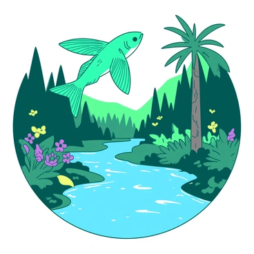 A vibrant turquoise flying fish is leaping above a winding river, its fins spread wide as it catches the sunlight. Below, the river flows gently through the dense jungle, surrounded by lush green foliage and tall trees with thick trunks. The water reflects the deep blue sky as it curves around the vibrant plants and flowers lining the banks. Small splashes of water can be seen as the fish breaks the surface, with droplets glistening in the air.