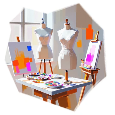 A mannequin wearing a haute couture Chanel dress is positioned prominently in an art studio. The dress is made of luxurious fabric with intricate detailing, featuring elegant patterns and embellishments. Surrounding the mannequin are various art supplies, including paintbrushes, palettes, and canvases scattered across a worktable. Natural light streams in through large windows, casting soft shadows across the space, highlighting the textures of the dress and the creative atmosphere of the studio. The walls are adorned with vibrant artwork, adding to the artistic environment.