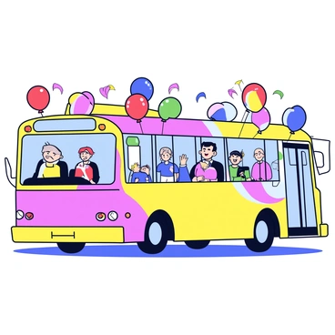 An electric bus painted in bright colors, featuring large windows and a modern design. The bus is adorned with an array of colorful balloons, some in red, blue, yellow, and green, tied to the handrails and bumpers. Streamers in a variety of colors hang from the sides of the bus, fluttering gently in the breeze. The bus is positioned on a city street, with cheering crowds in the background, adding to the festive atmosphere.