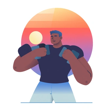 A dark silhouette of an athlete is positioned in the foreground, demonstrating a dumbbell chest press. The athlete is muscular and focused, with a determined expression as they lift the weights. The backdrop features a vibrant sunset with a gradient of fiery orange, deep red, and soft purple hues merging in the sky. The sun is partially visible, dipping below the horizon, casting a warm light that enhances the silhouette's definition. The ground is flat and unobtrusive, ensuring that the athlete remains the focal point against the colorful background.