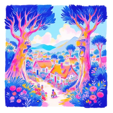 Ancient trees with thick, gnarled trunks and branches that stretch wide create a protective canopy over a peaceful village. Each tree has a wise face carved into its bark, with features that suggest age and knowledge. The village below is made up of quaint cottages with thatched roofs, surrounded by vibrant gardens filled with colorful flowers. The sunlight filters through the leaves, casting dappled shadows on the ground, where villagers can be seen going about their daily activities. The scene conveys a sense of harmony between nature and human life.