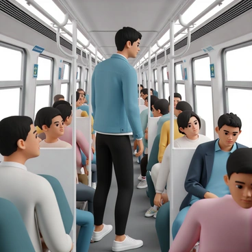 A commuter, wearing a blue denim jacket, black pants, and white sneakers, is standing in a crowded train. He has short black hair and is focused on performing subtle scapular retraction exercises. His shoulders are slightly pulled back, and his arms are relaxed at his sides. The train car is filled with other passengers, some holding onto overhead straps and others seated, all visibly engaged in their own activities. The interior of the train features metal poles, windows showing reflections, and various advertisements on the walls. The ambiance is lively with a mix of expressions on the faces of the commuters.