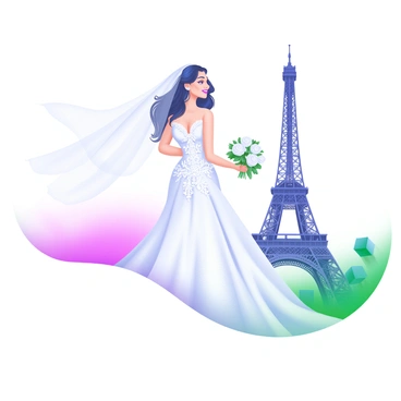 A bride standing elegantly while posing for a portrait. She is wearing an intricate white wedding gown with delicate lace details and a flowing veil that gently cascades down her back. The Eiffel Tower looms majestically in the background, its iron lattice structure prominent against the sky. Soft pastel colors surround the scene, enhancing the romantic atmosphere. The bride is holding a bouquet of white roses and green foliage, while a gentle breeze tousles her hair.