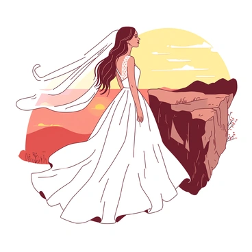 A white bride stands gracefully on a cliffside, her flowing gown billowing gently in the warm breeze. The gown has intricate lace details that shimmer in the fading sunlight. Her long hair cascades down her back, illuminated by the soft orange glow of the sunset. In the background, the horizon is painted with gradients of yellow and red as the sun dips beneath the distant mountains. The rugged cliff is adorned with patches of green grass and small wildflowers, framing the scene around her. The bride gazes thoughtfully towards the horizon, embodying a moment of tranquility.
