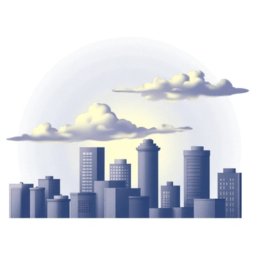 A skyline at evening time, featuring a variety of tall buildings and structures of different shapes and sizes. The buildings are silhouetted against the sky, which is filled with clouds in various formations. The clouds appear to reflect glowing auras, creating a contrast against the darkening sky. The overall scene captures the architectural details of the buildings, including windows and rooftops, outlined by the ambient light of the evening.